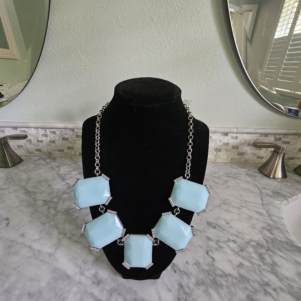 Nwot Banana Republic Blue glass Square Statement Necklace with Rhinestones - Picture 2 of 16